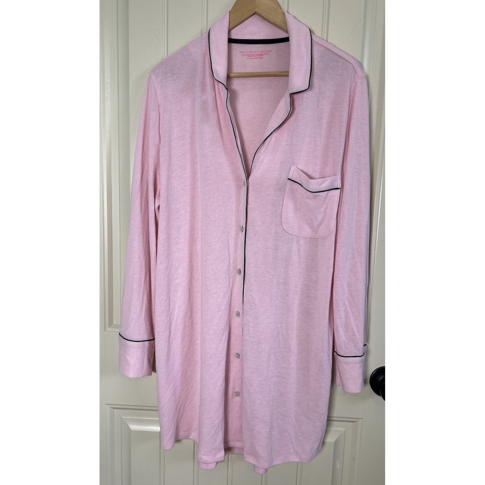 NWT! Victorias Secret Soft SleepShirt XL Pink Black Trim Button Front Valentine